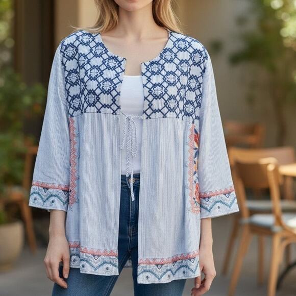 Johnny Was Tops - Johnny Was Blue Embroidered Floral Striped Open Top Sz S Tie Front 3/4 Sleeves